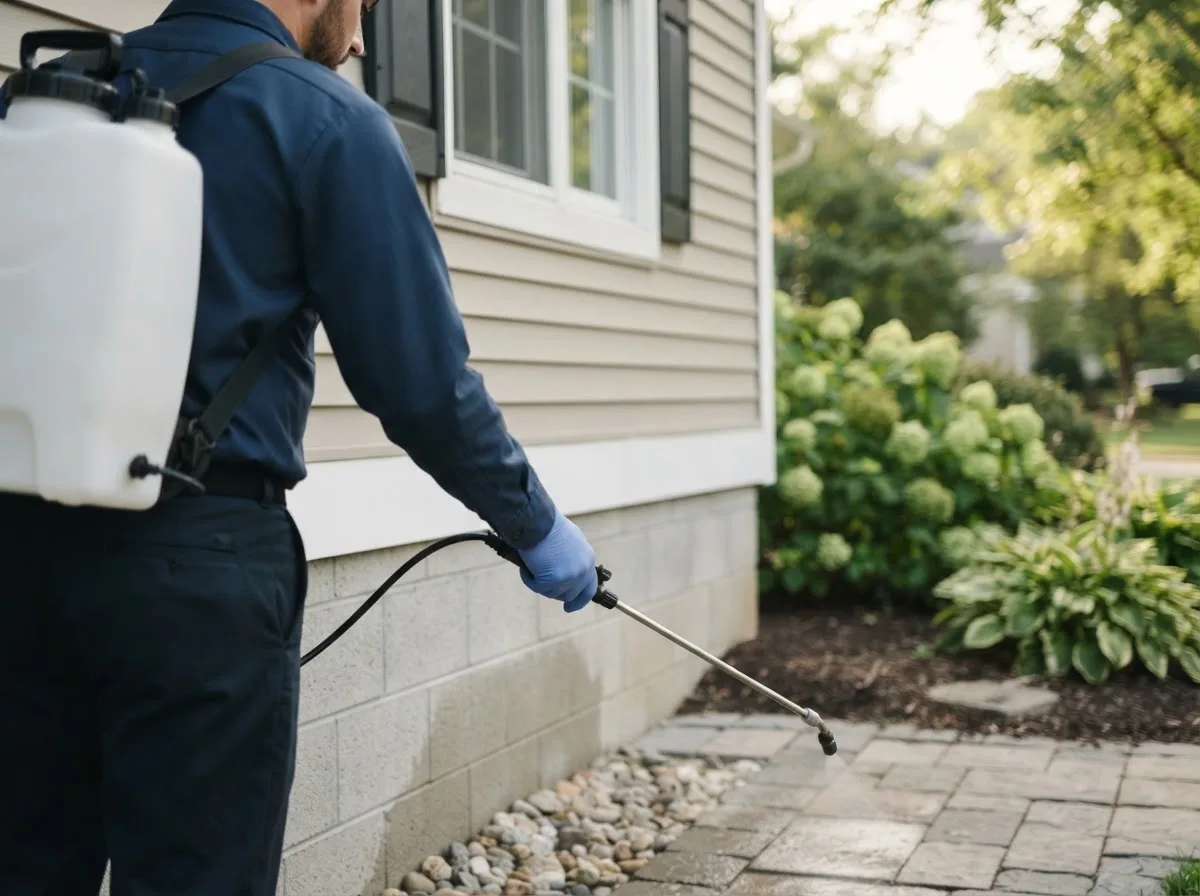 Pest control technician inspecting a home in Keystone, IA